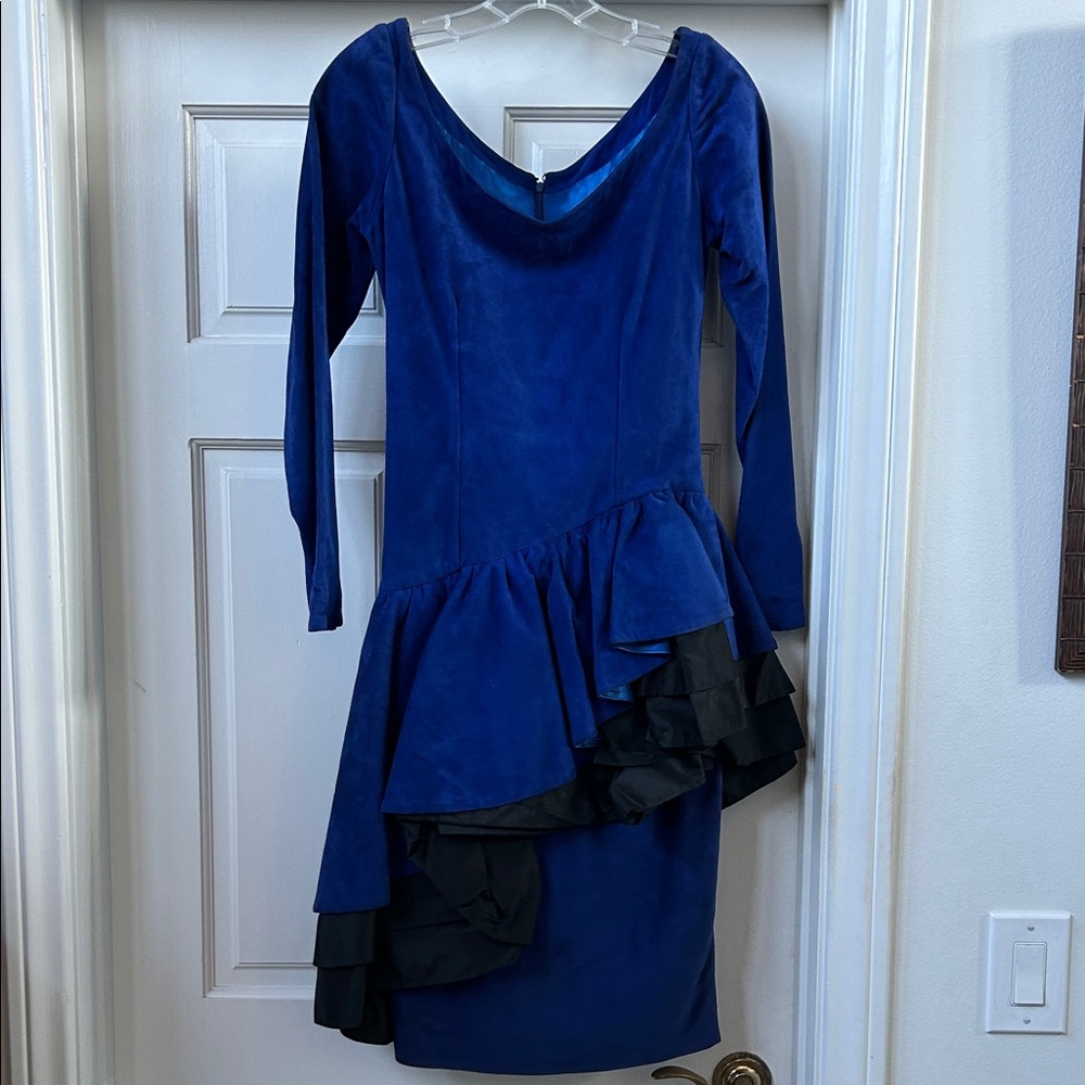 Elegant 1980’s Blue Suede Dress with Black Taffeta Ruffle
